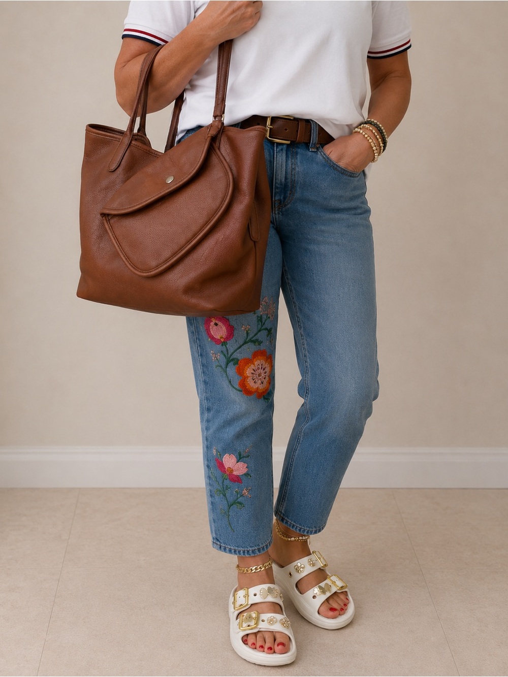 Brown Leather Tote Bag with Front Pocket